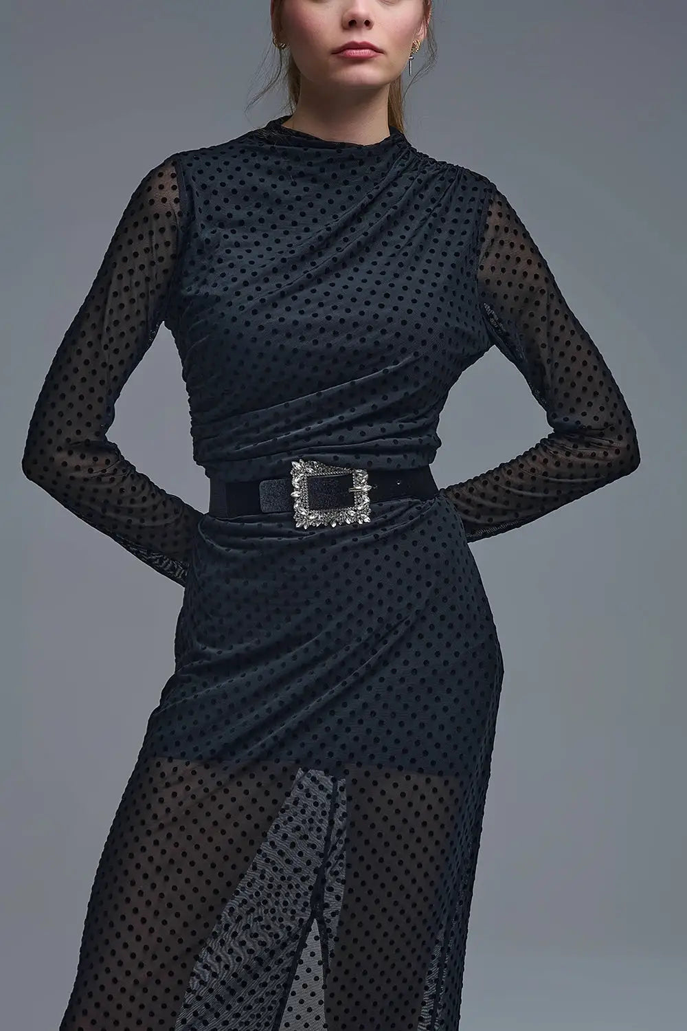 Chic Black Sheer Polka Dot Midi Dress - Dresses