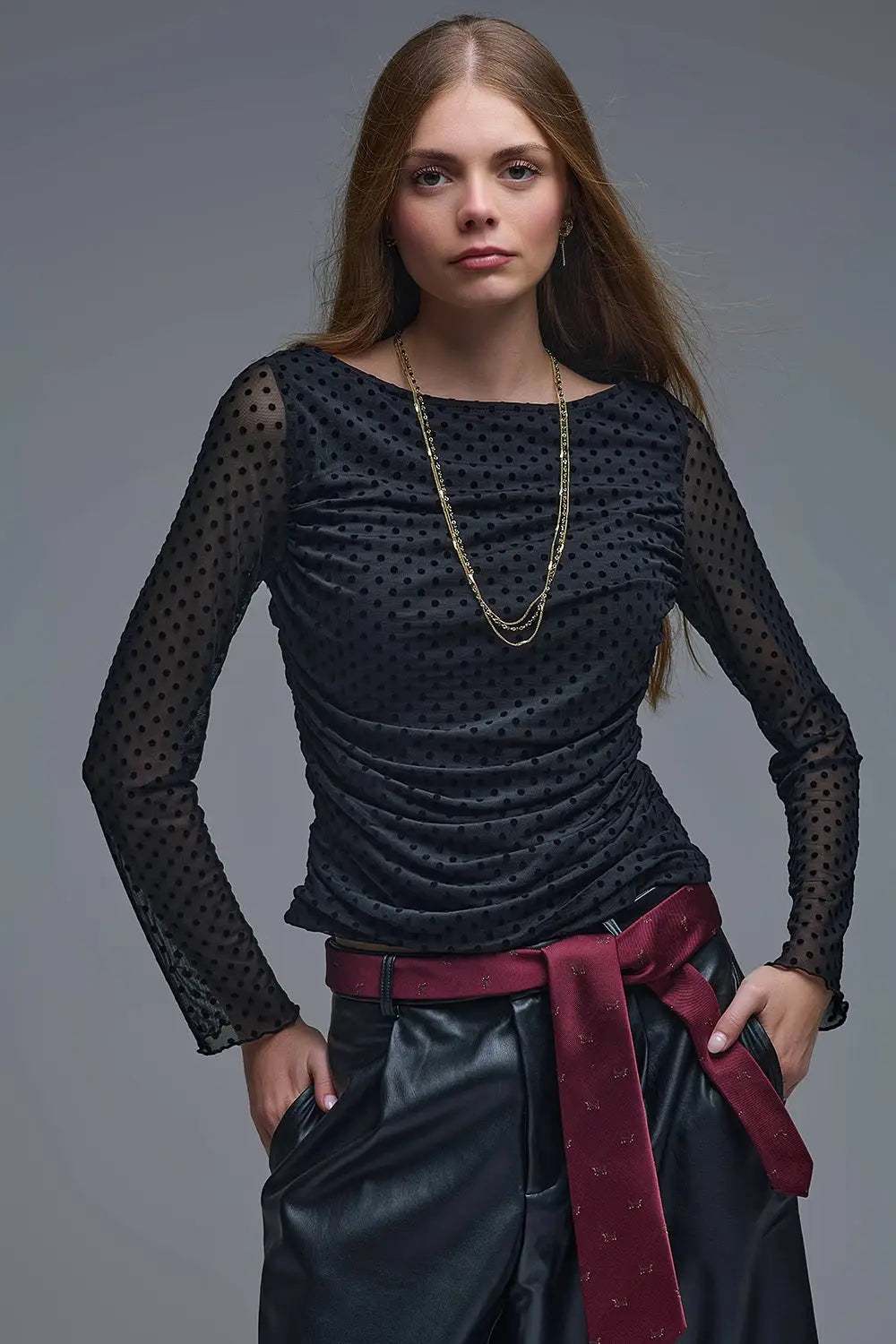 Q2 Chic Black Sheer Polka Dot Top