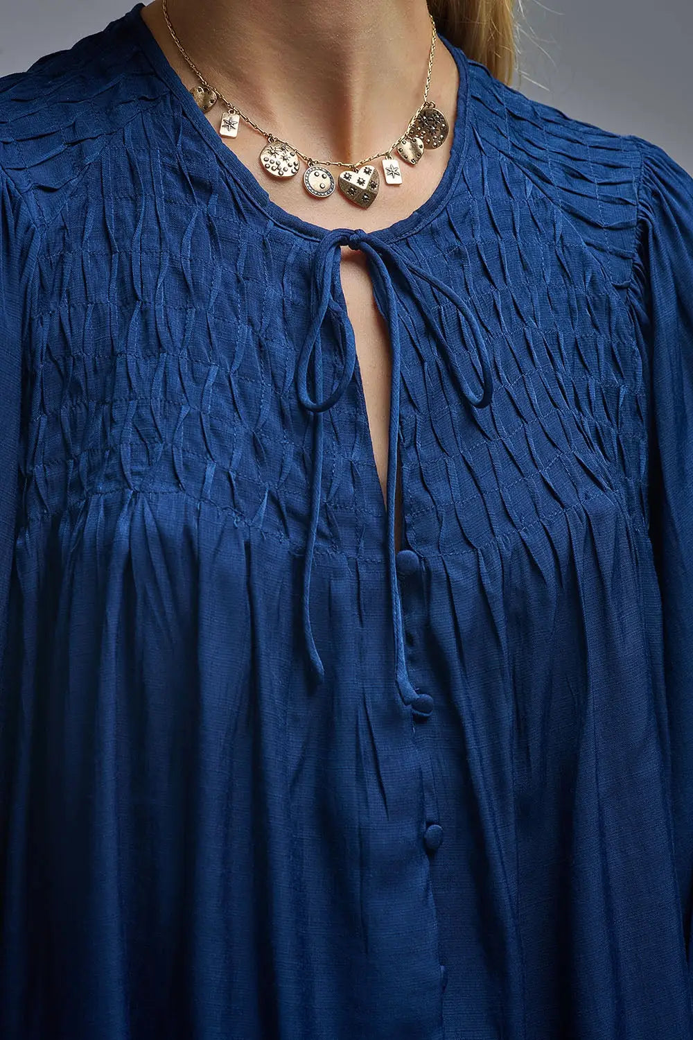 Chic Blue Satin Shirt with Lace - Tops