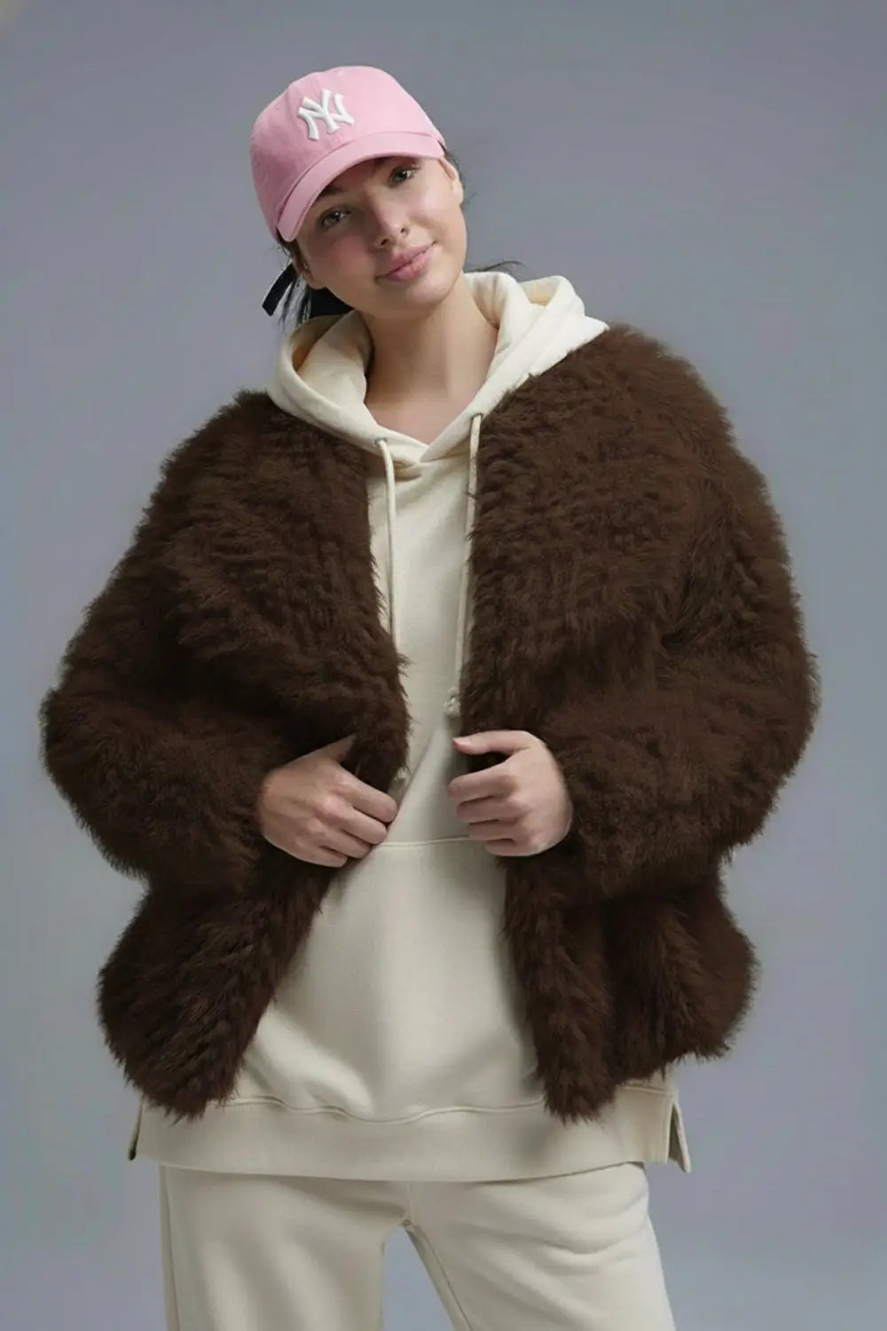 Q2 Chic brown Faux Fur Jacket with a wide neck