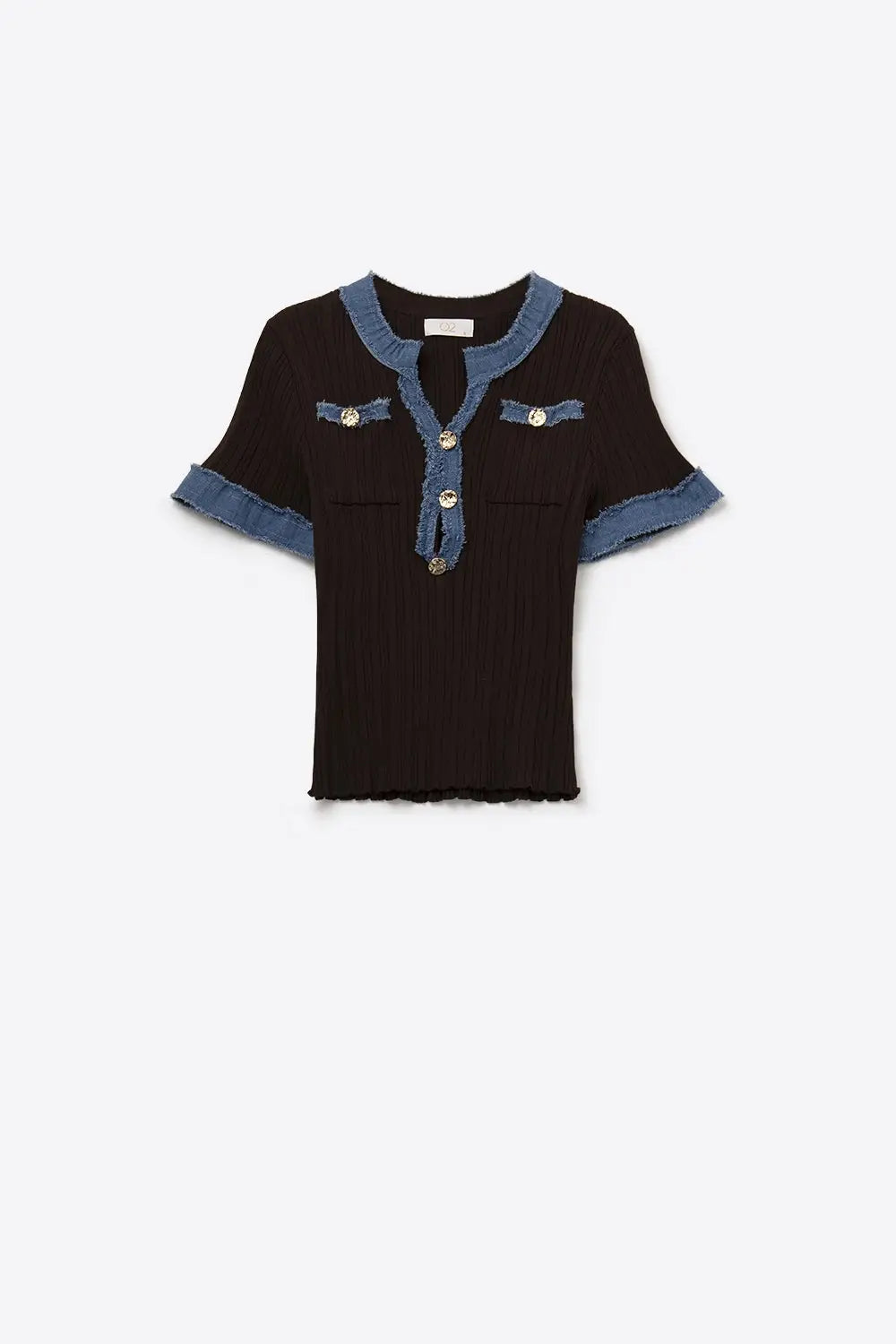 Chic Brown Ribbed Top with Denim Details - Sweaters
