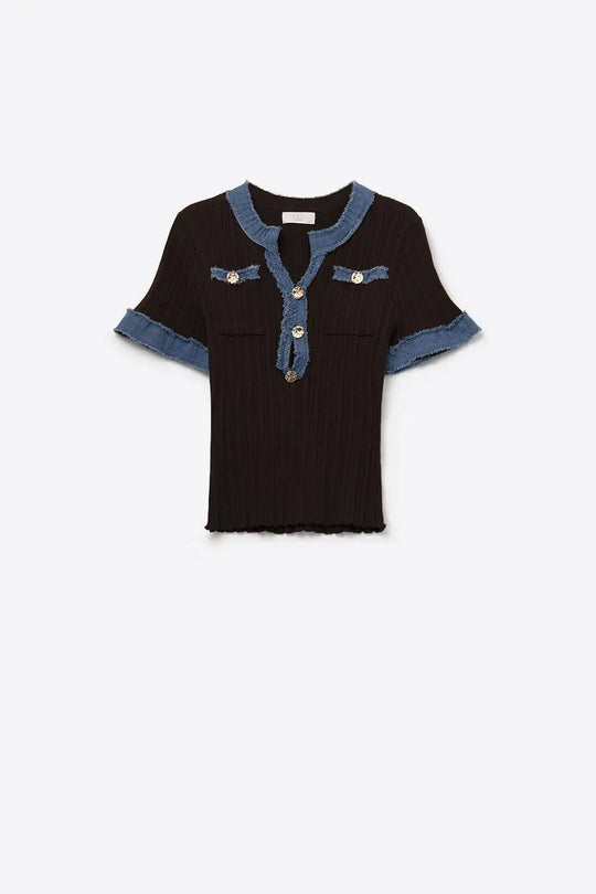 Chic Brown Ribbed Top with Denim Details - Sweaters