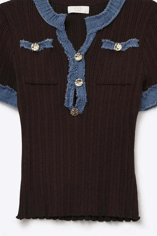 Chic Brown Ribbed Top with Denim Details - Sweaters