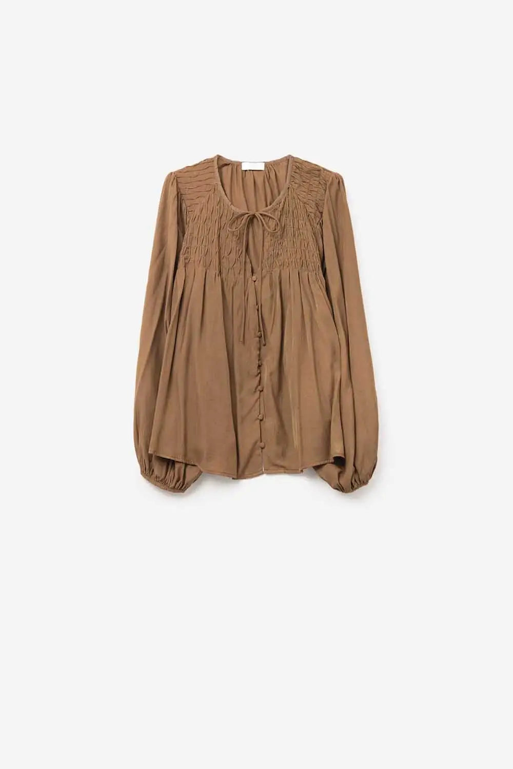 Chic Brown Satin Shirt with Lace - Tops