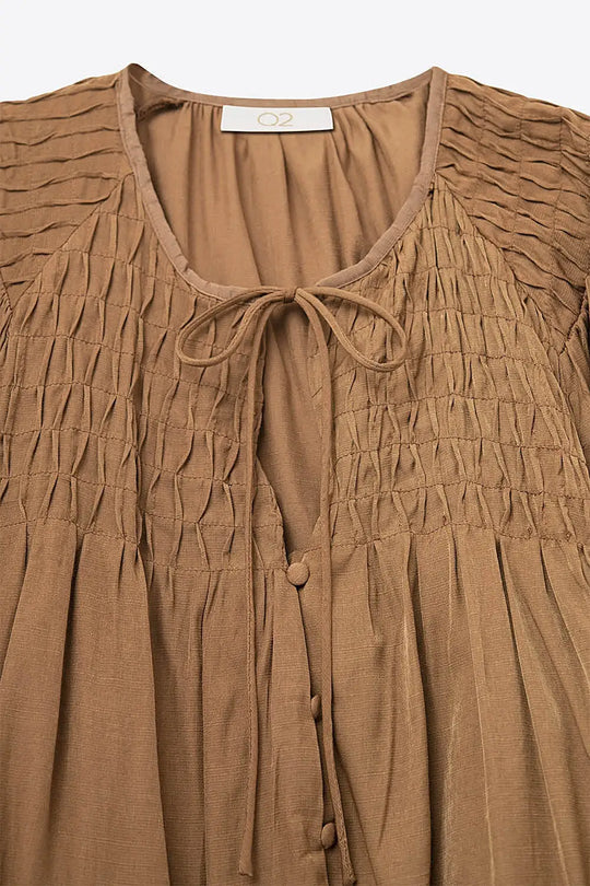 Chic Brown Satin Shirt with Lace - Tops