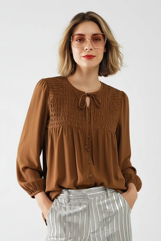 Chic Brown Satin Shirt with Lace - Tops