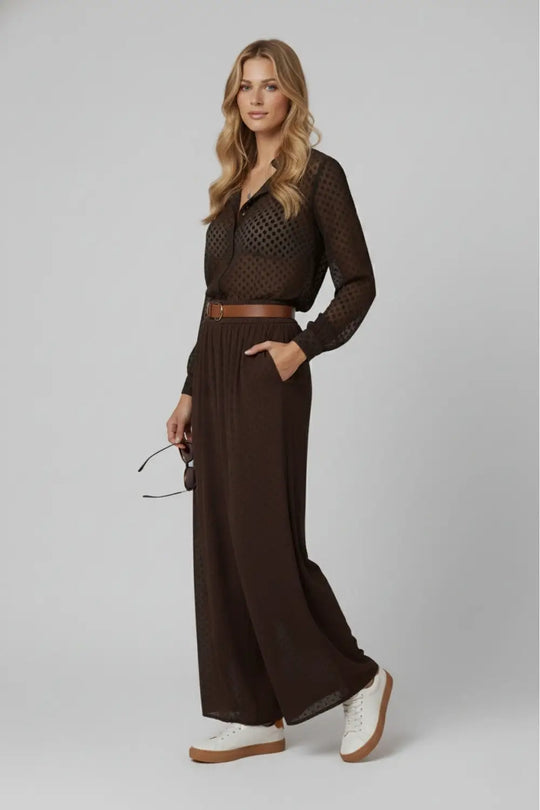 Chic Brown Sheer Polka Dot Pants with side pockets - Pants