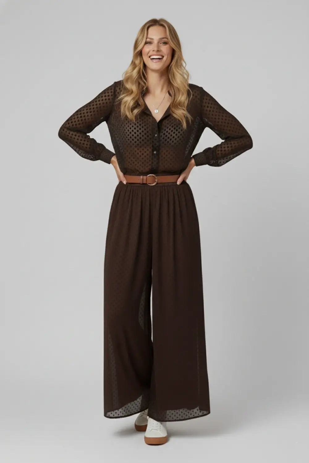 Chic Brown Sheer Polka Dot Pants with side pockets - Pants