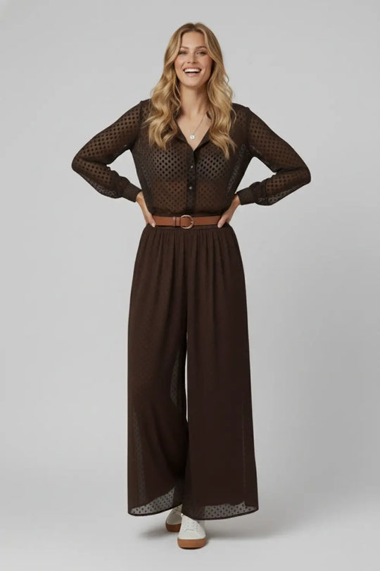 Chic Brown Sheer Polka Dot Pants with side pockets - Pants