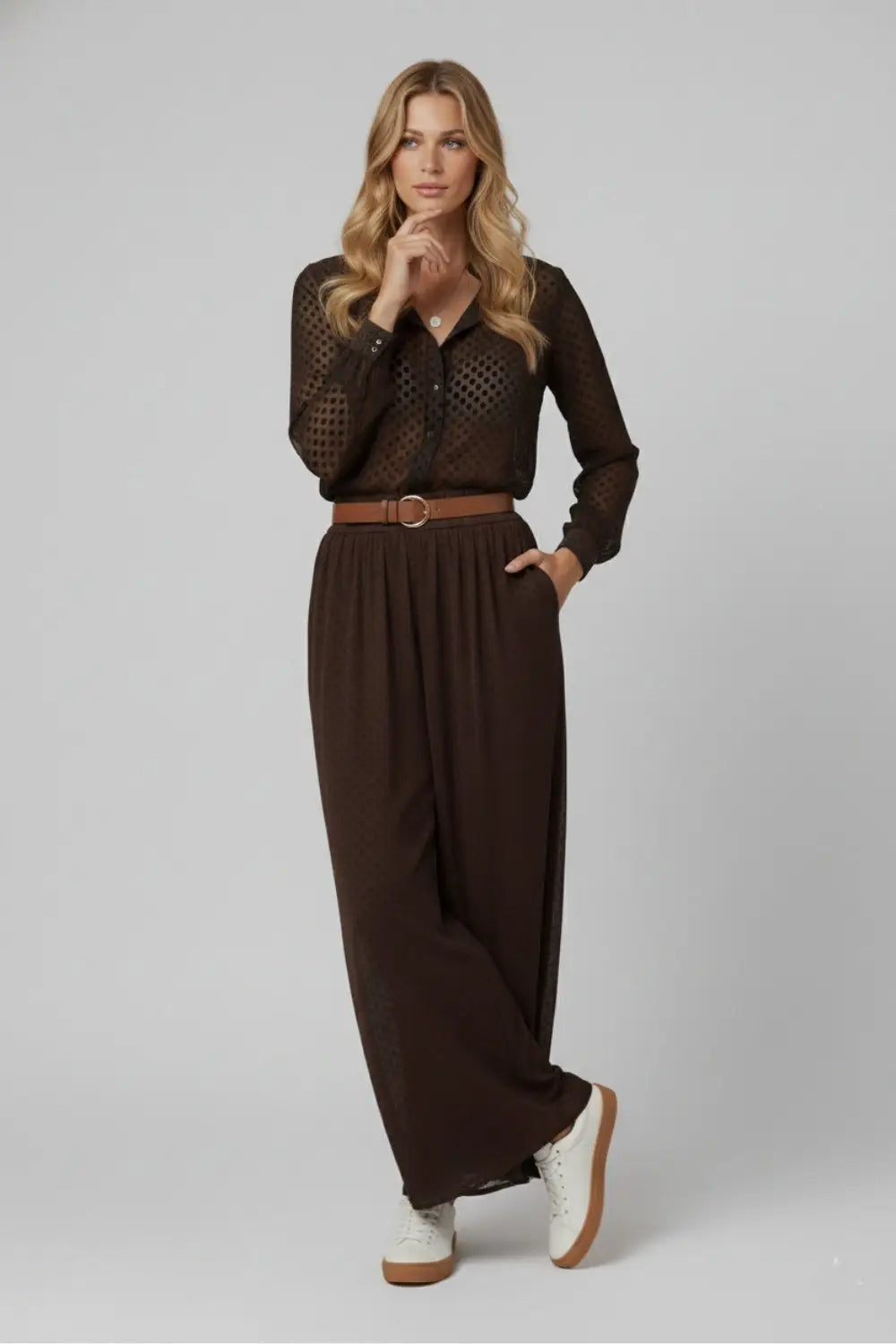 Chic Brown Sheer Polka Dot Pants with side pockets - Pants