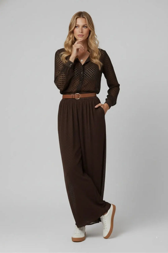 Chic Brown Sheer Polka Dot Pants with side pockets - Pants
