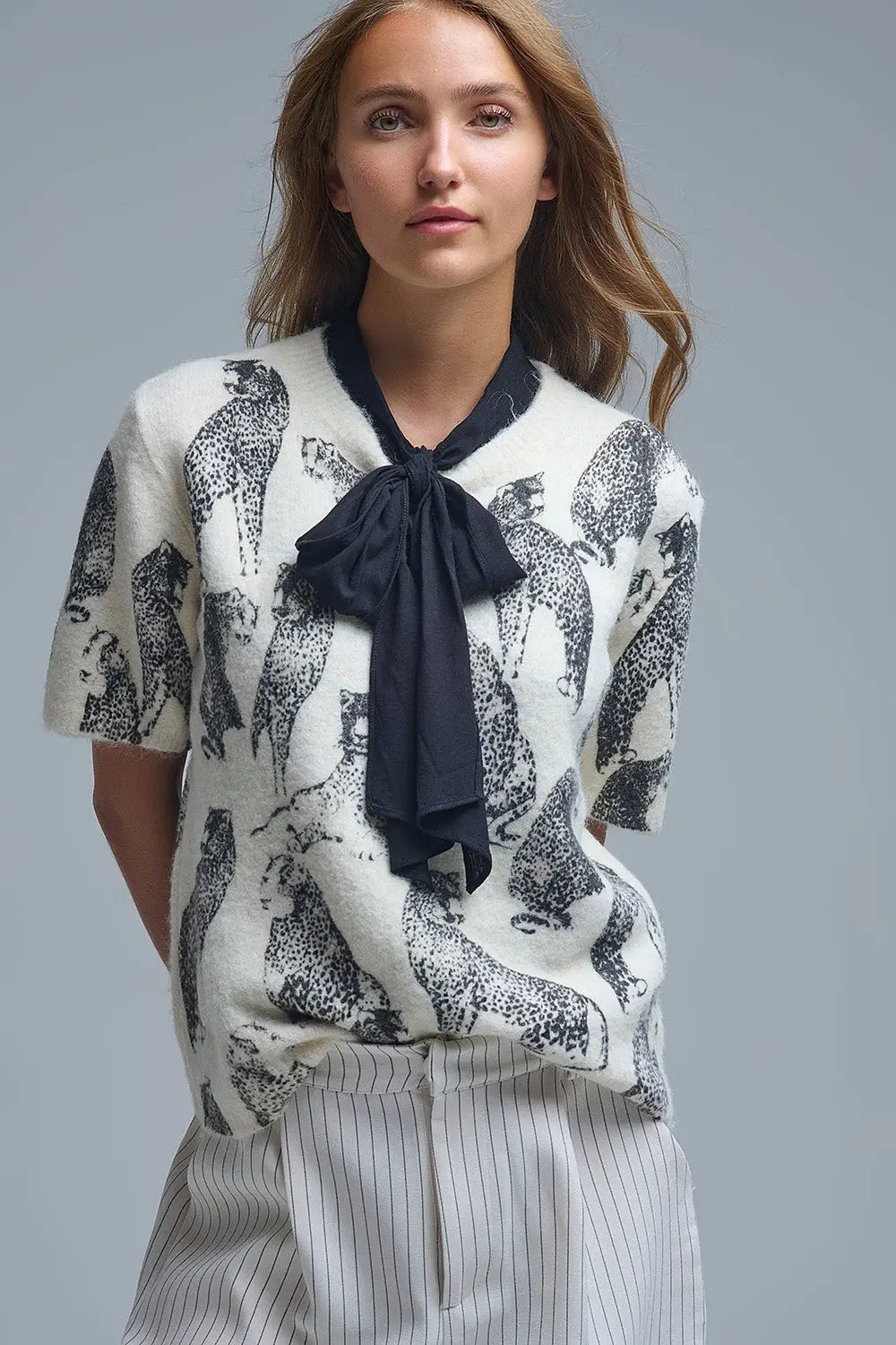 Chic Cream Animal-Print Short-Sleeve Sweater - One Size / White - Sweaters