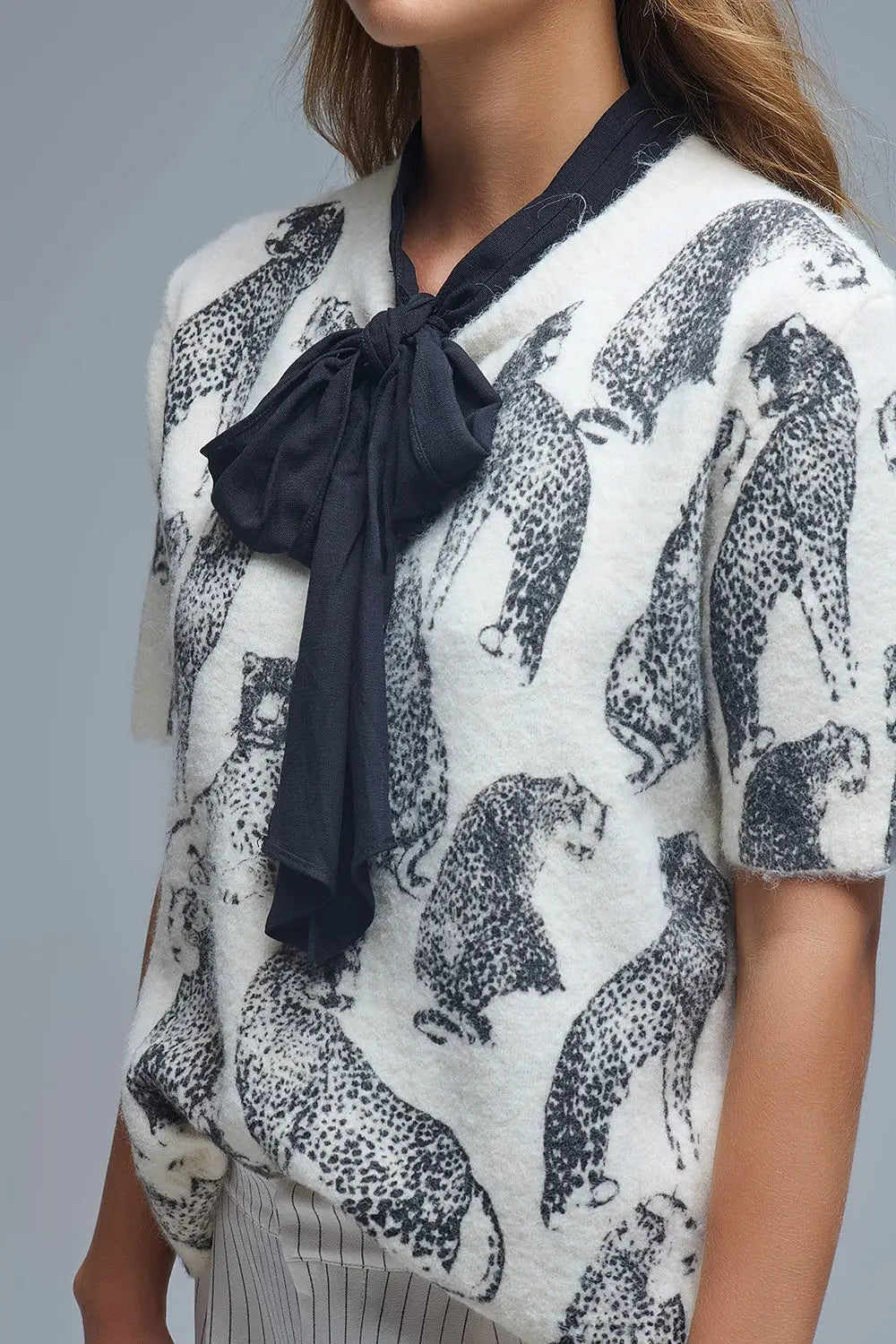 Chic Cream Animal-Print Short-Sleeve Sweater - One Size / White - Sweaters