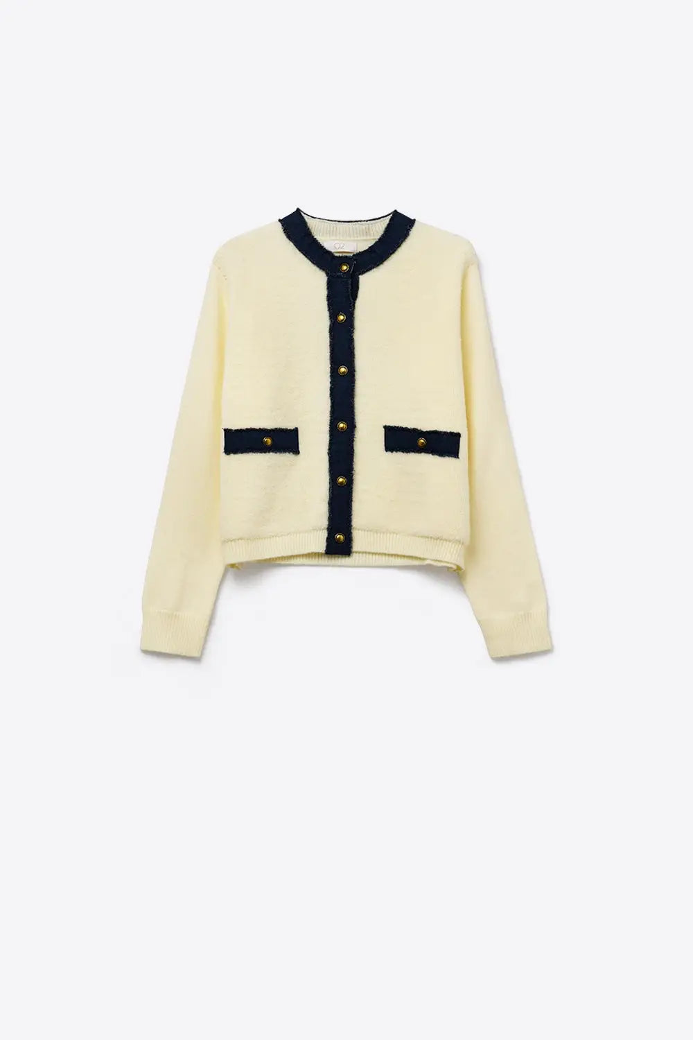 Q2 Chic Cream Cardigan with Navy denim Detailing