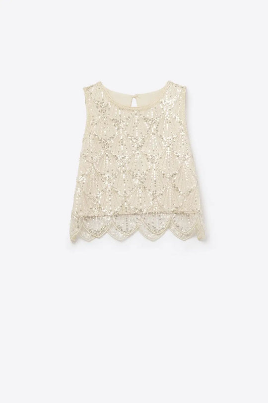 Chic Cream Sequin Cropped Top - Tops
