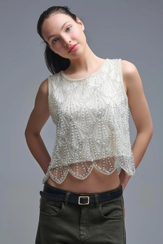 Q2 Chic Cream Sequin Cropped Top