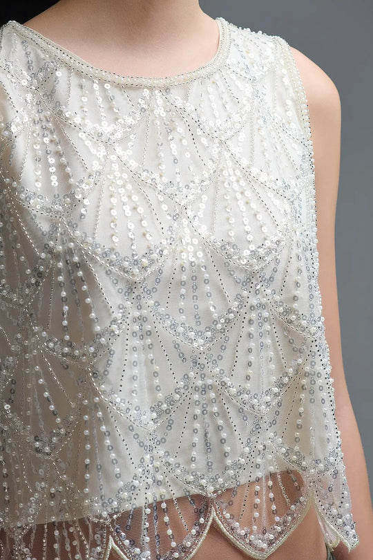 Chic Cream Sequin Cropped Top - Tops