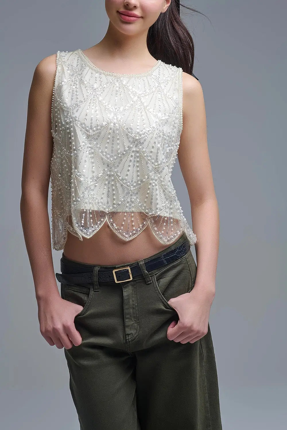 Chic Cream Sequin Cropped Top - Tops