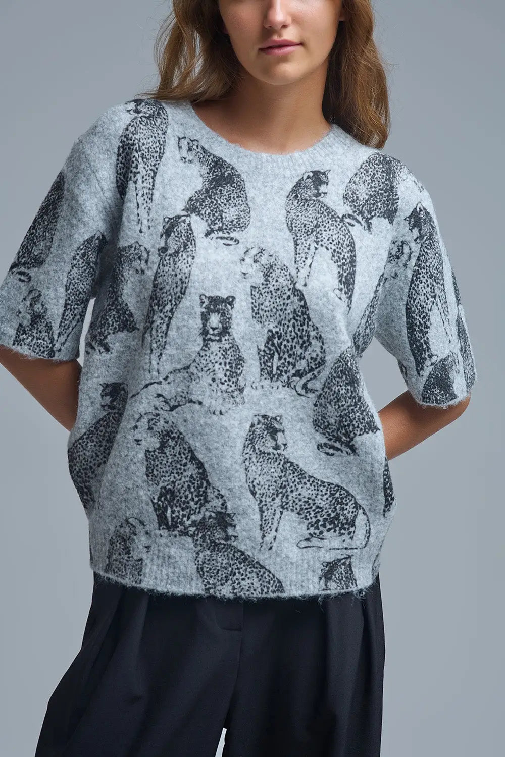 Chic Gray Animal-Print Short-Sleeve Sweater - One Size / Grey - Sweaters