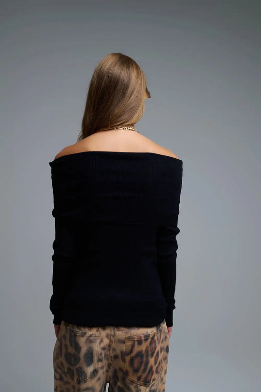 Chic Off-Shoulder boat neck Knit Top in black - Sweaters