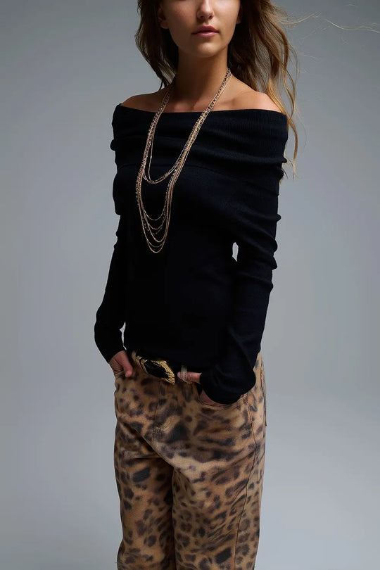 Chic Off-Shoulder boat neck Knit Top in black - Sweaters