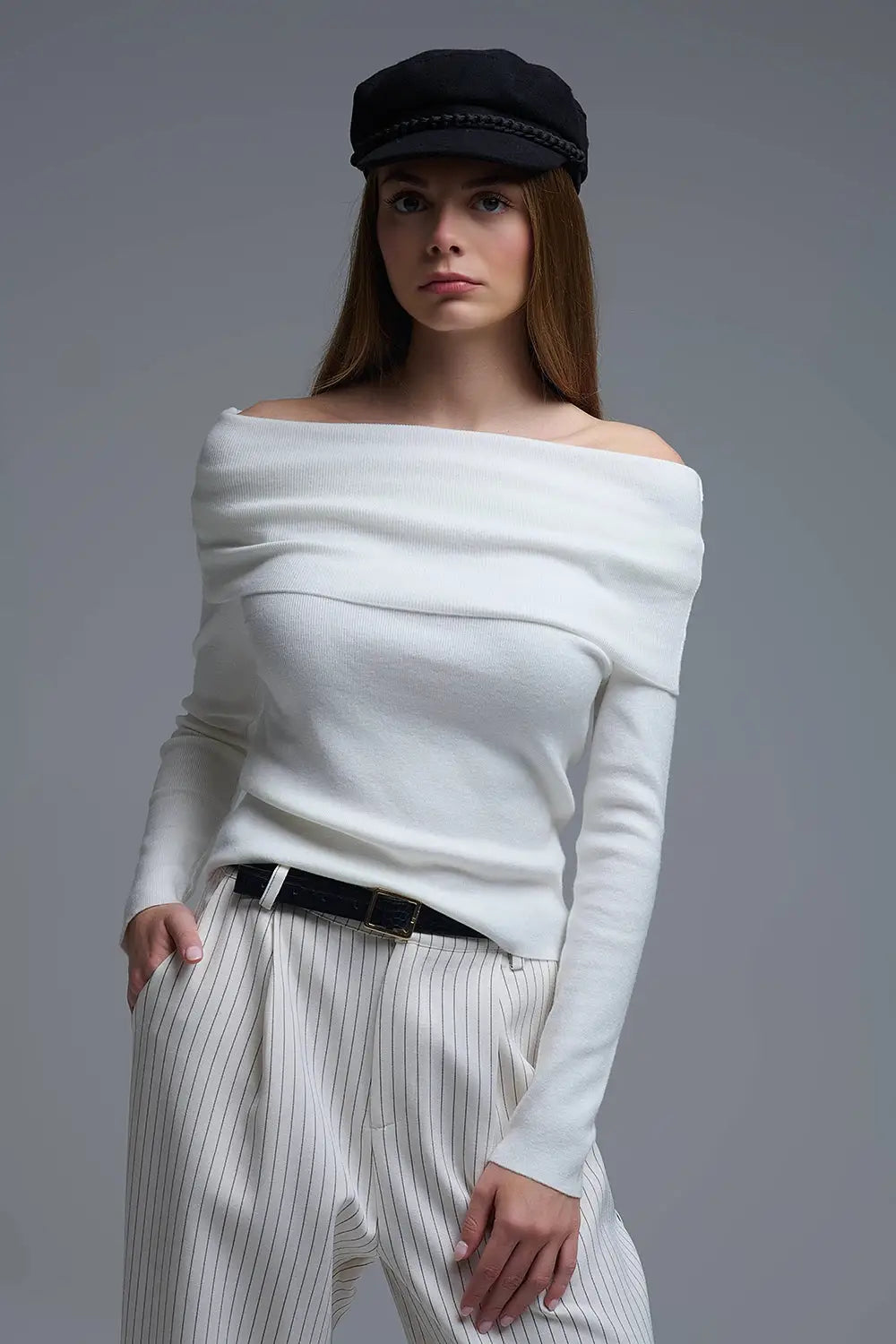 Q2 Chic Off-Shoulder boat neck Knit Top in white