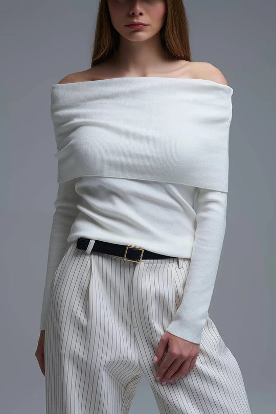 Chic Off-Shoulder boat neck Knit Top in white - Sweaters