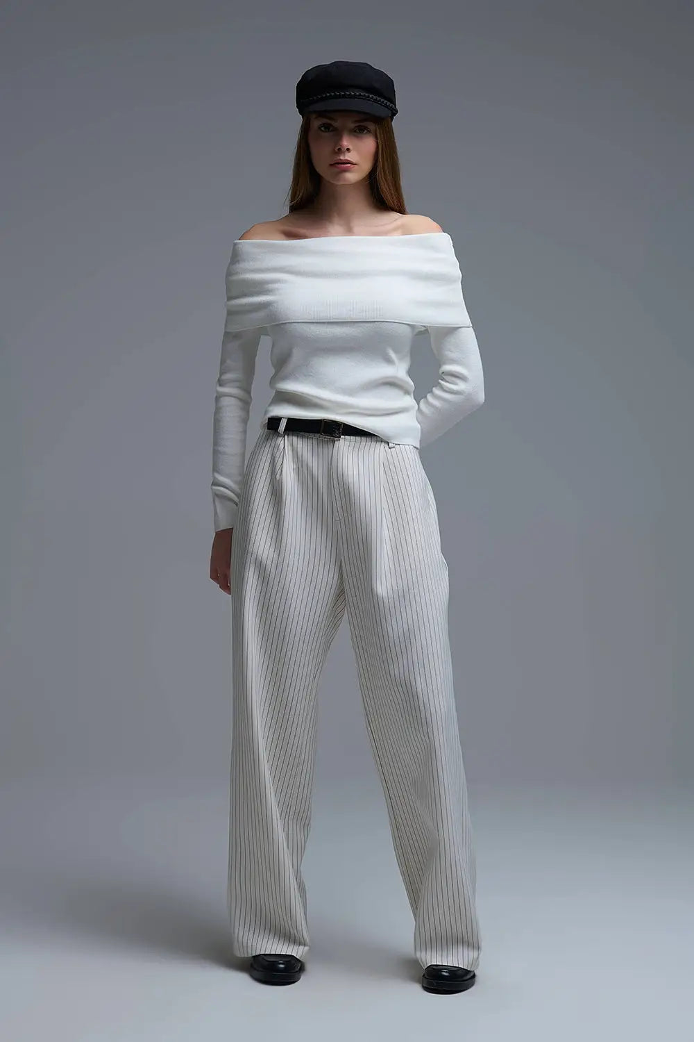 Chic Off-Shoulder boat neck Knit Top in white - Sweaters