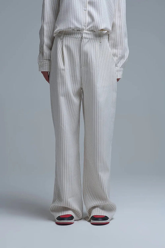 Q2 Chic Pinstripe Cream Wide-Leg Pants with Lined Fit