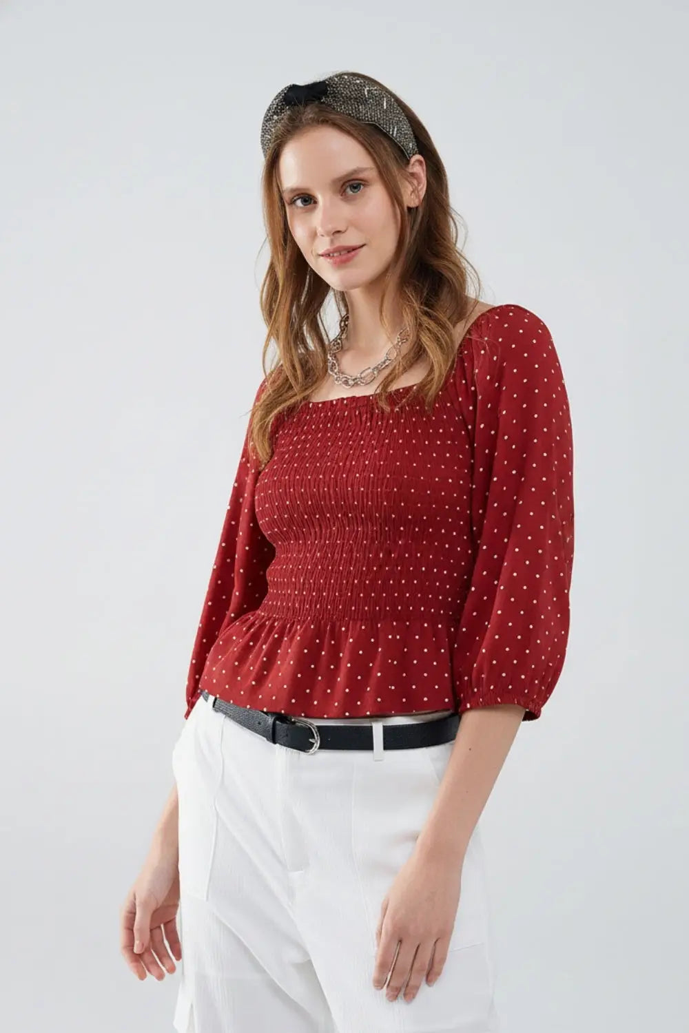 Chic Red Polka-Dot Cropped Top ajusté à la taille - Tops