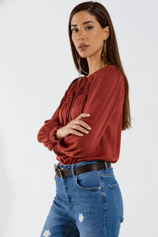 Chic Red Satin Shirt with Lace - Tops