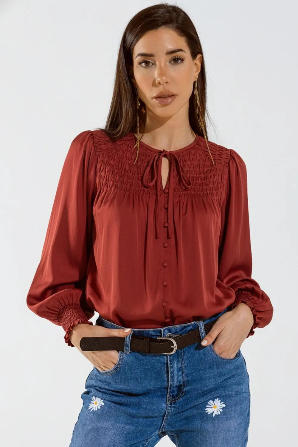 Q2 Chic Red Satin Shirt with Lace