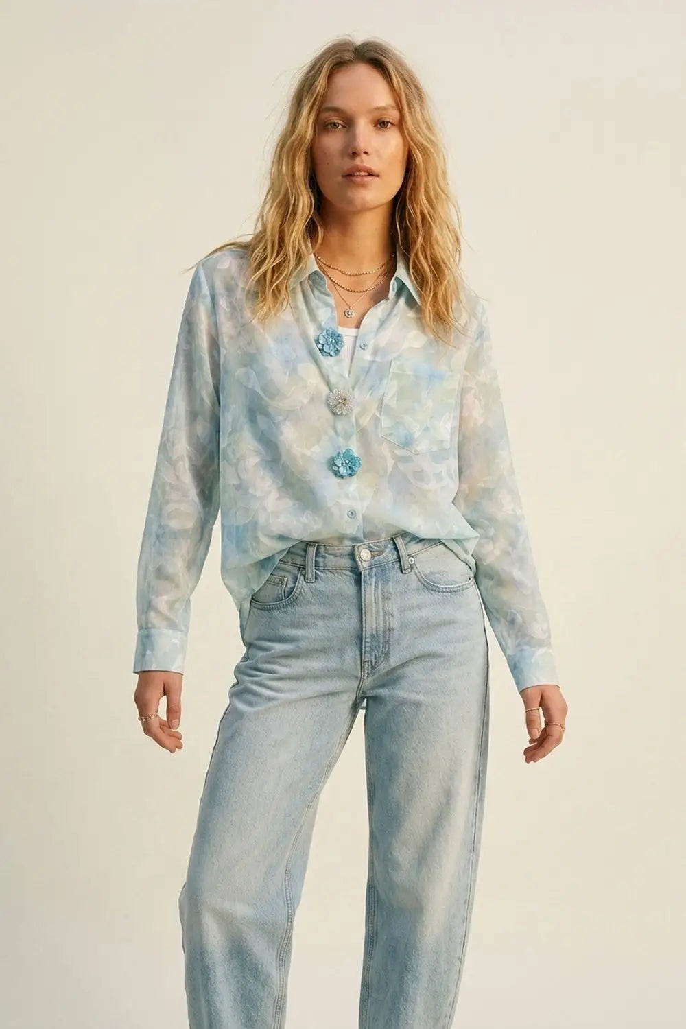 Q2 chiffon Lightweight Floral Print Button-Up Shirt in light blue