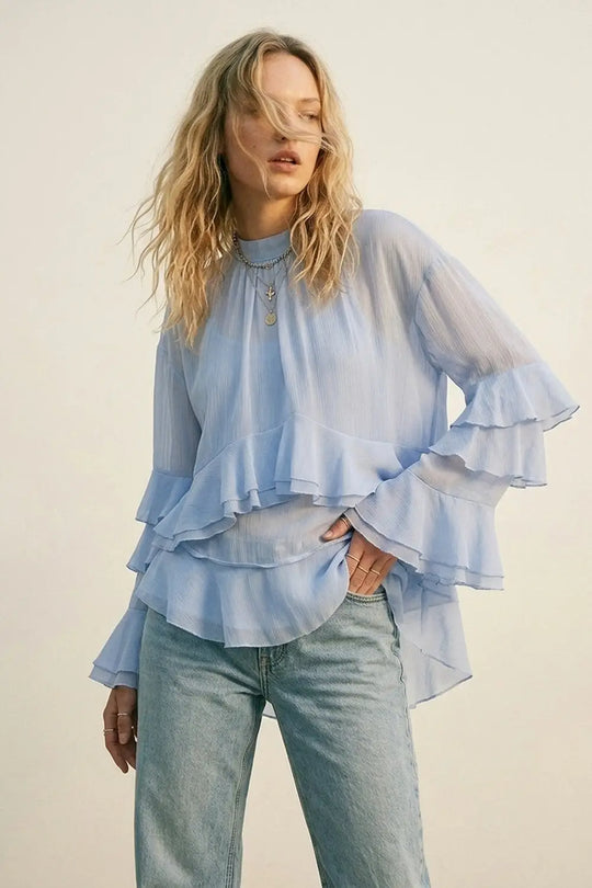 Q2 Chiffon Tiered Ruffle High Low Blouse in Light Blue