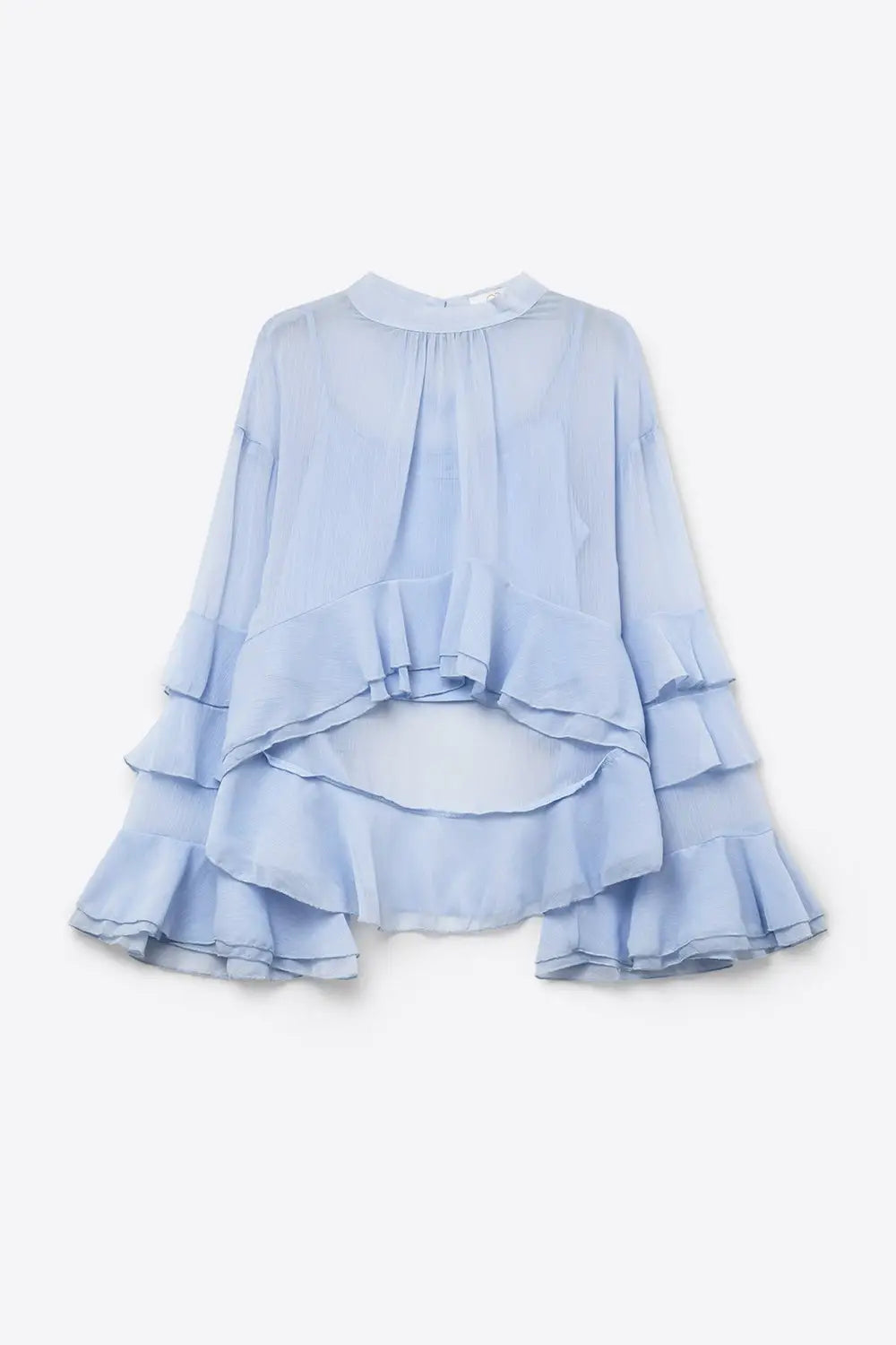 Chiffon Tiered Ruffle High Low Blouse in Light Blue - Shirts