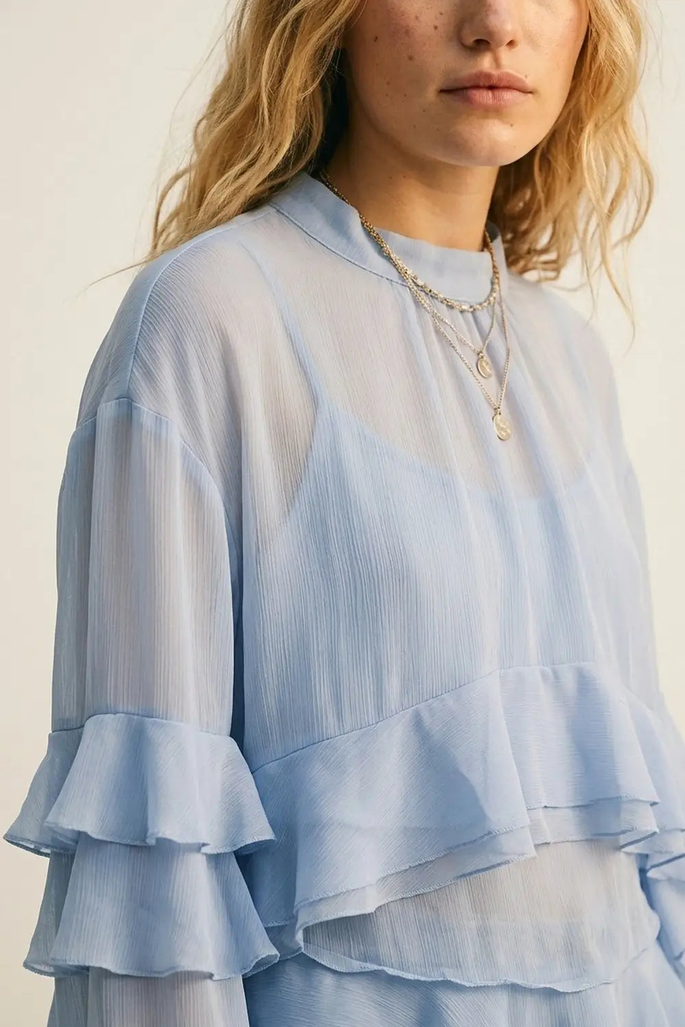 Chiffon Tiered Ruffle High Low Blouse in Light Blue - Shirts