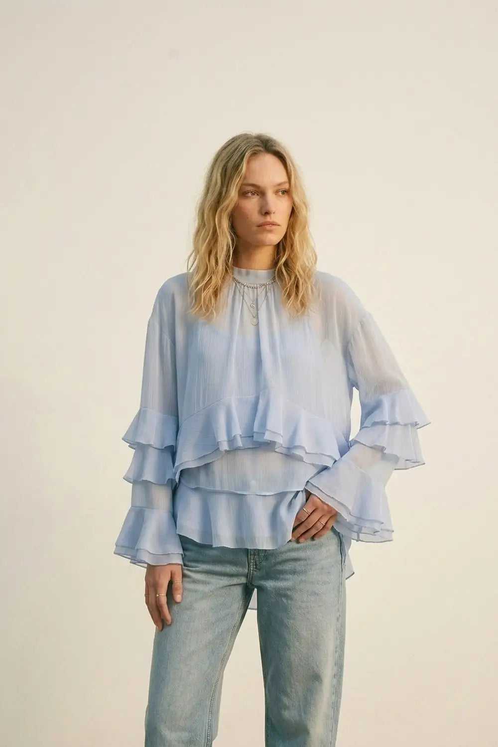 Chiffon Tiered Ruffle High Low Blouse in Light Blue - Shirts