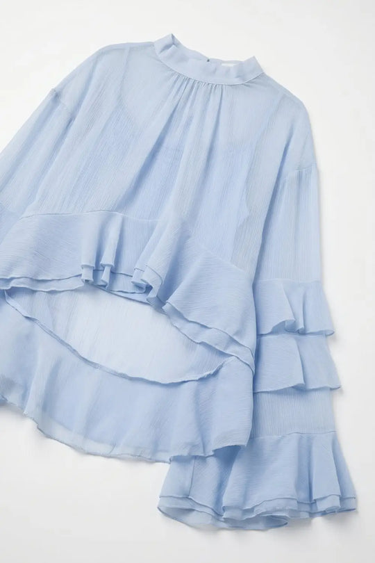 Chiffon Tiered Ruffle High Low Blouse in Light Blue - Shirts