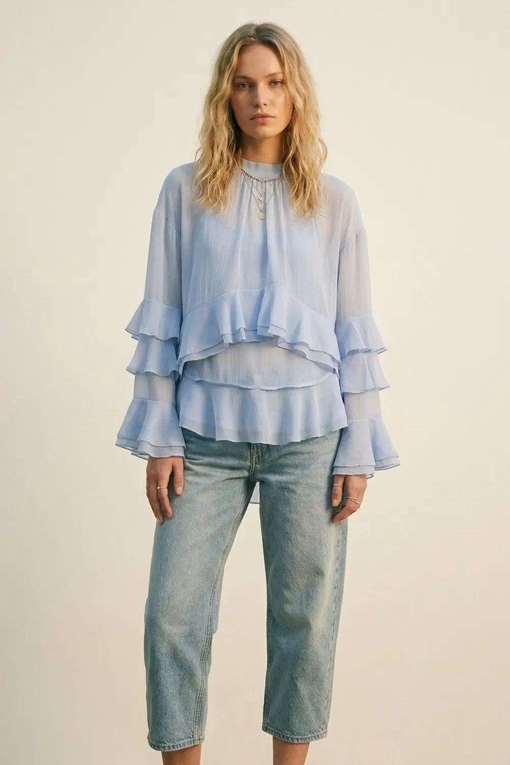 Chiffon Tiered Ruffle High Low Blouse in Light Blue - Shirts