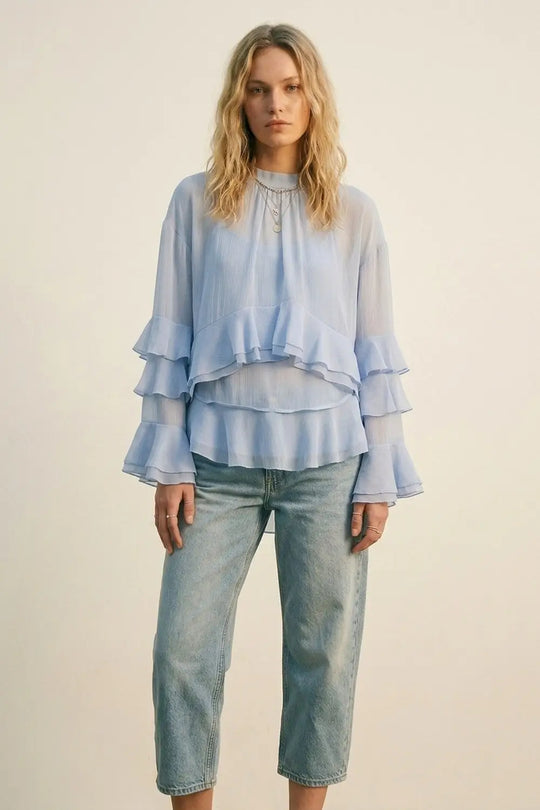 Chiffon Tiered Ruffle High Low Blouse in Light Blue - Shirts