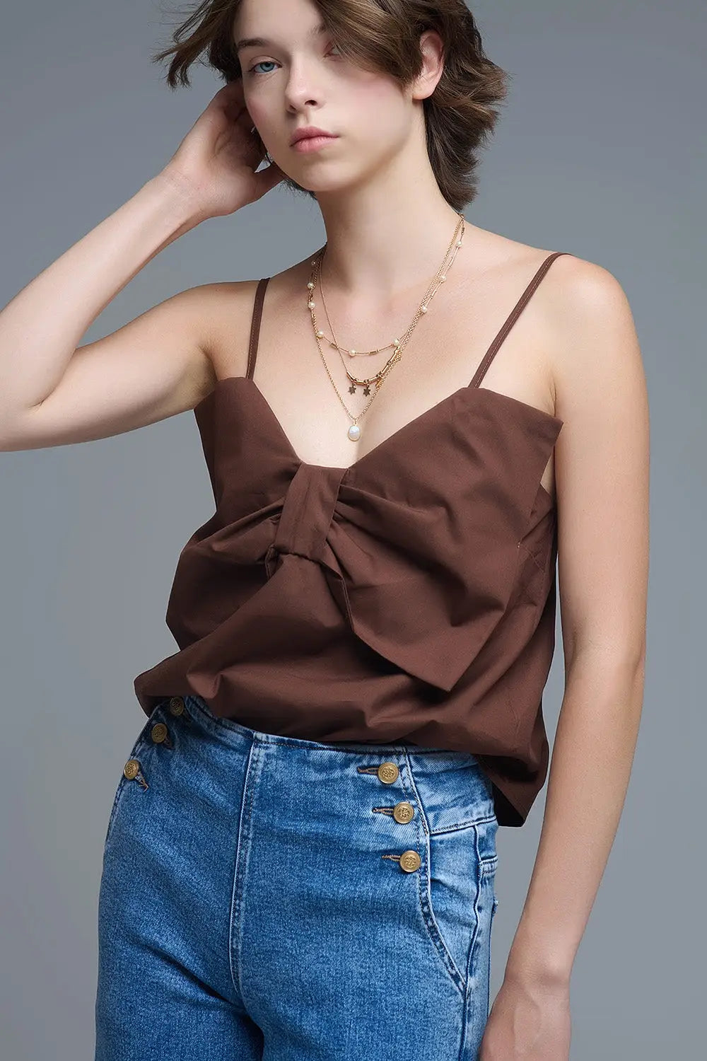 Chocolate Brown poplin crop top with bow detail - Tops