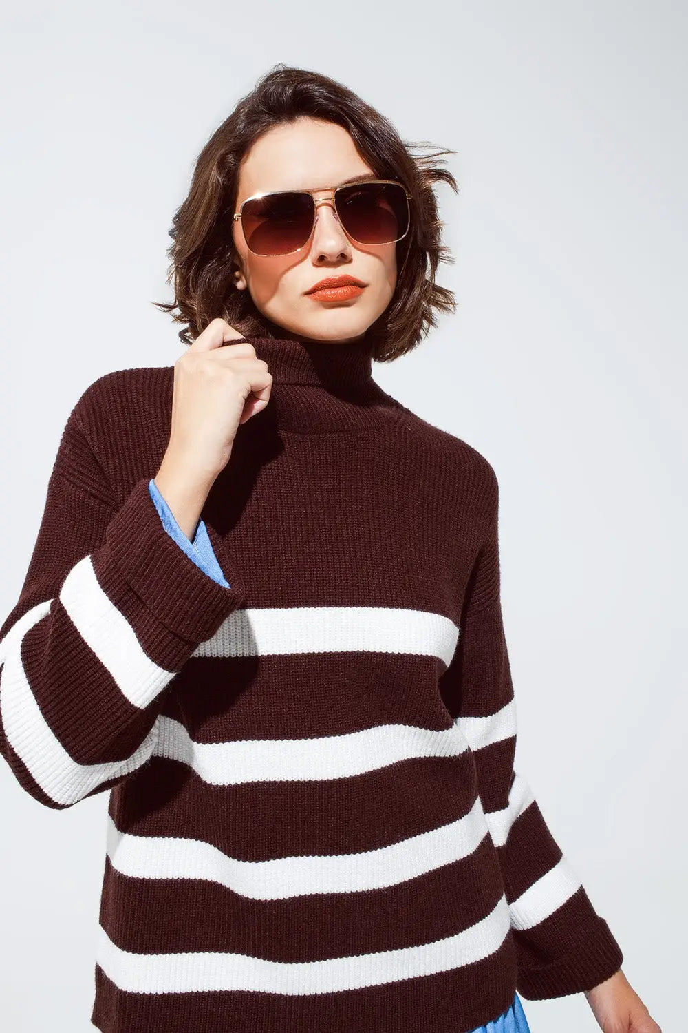 Chocolate Brown turtle neck sweater with white stripes - Sweaters