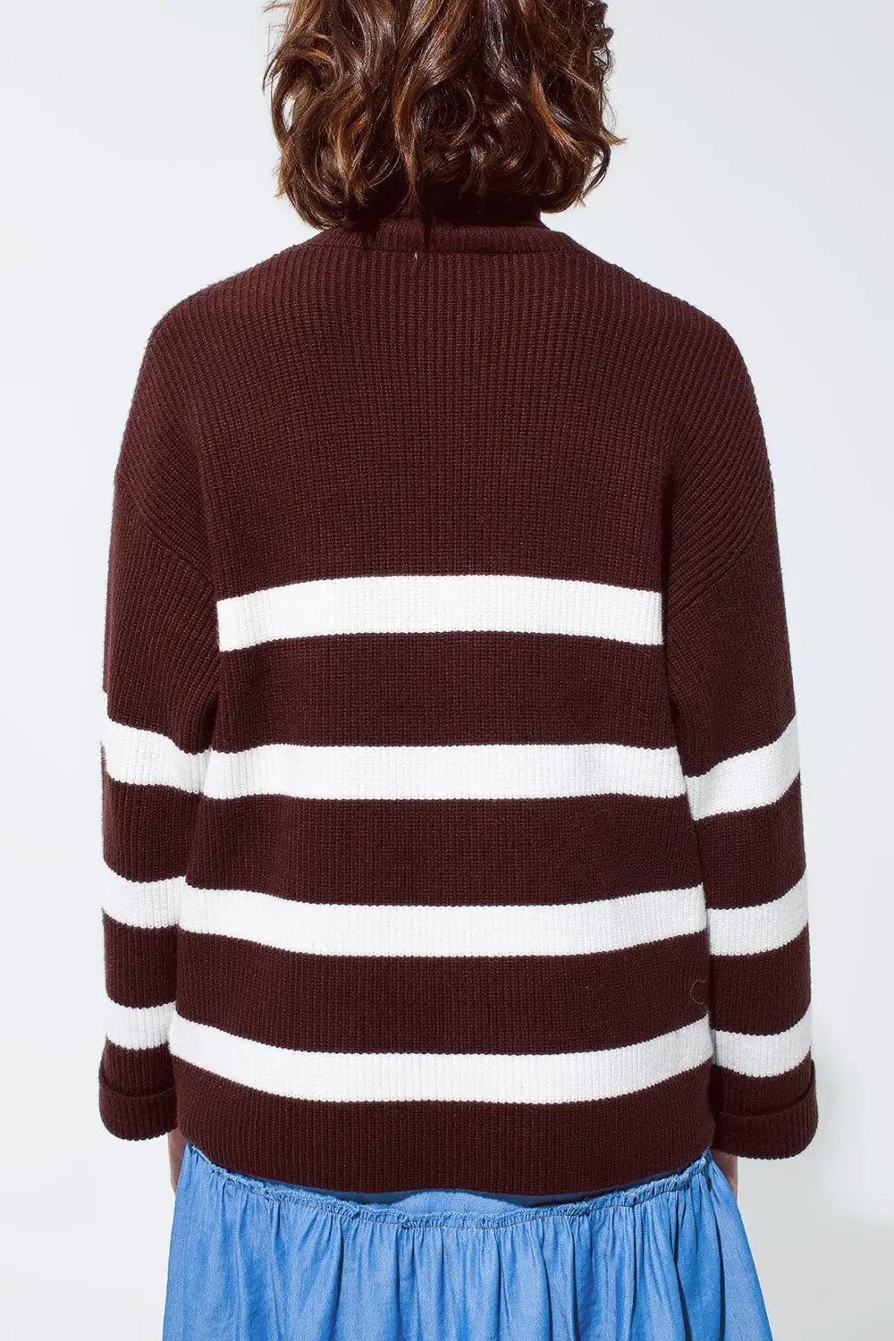 Chocolate Brown turtle neck sweater with white stripes - Sweaters