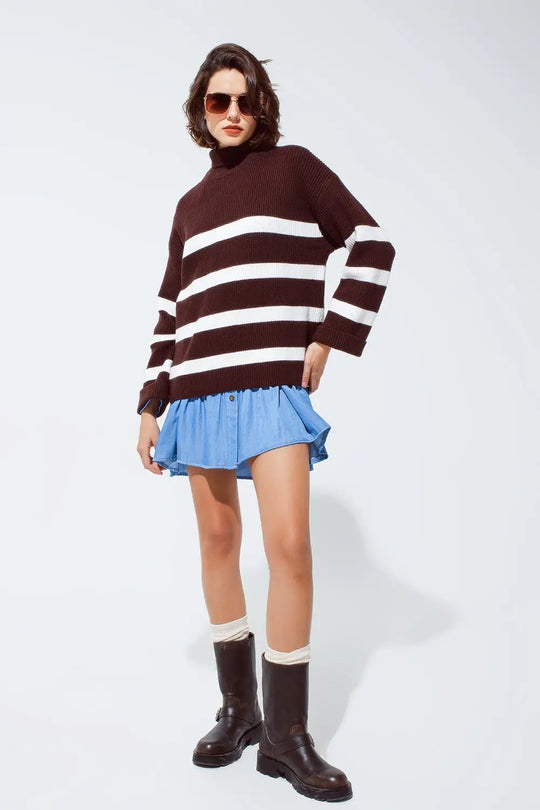 Chocolate Brown turtle neck sweater with white stripes - Sweaters