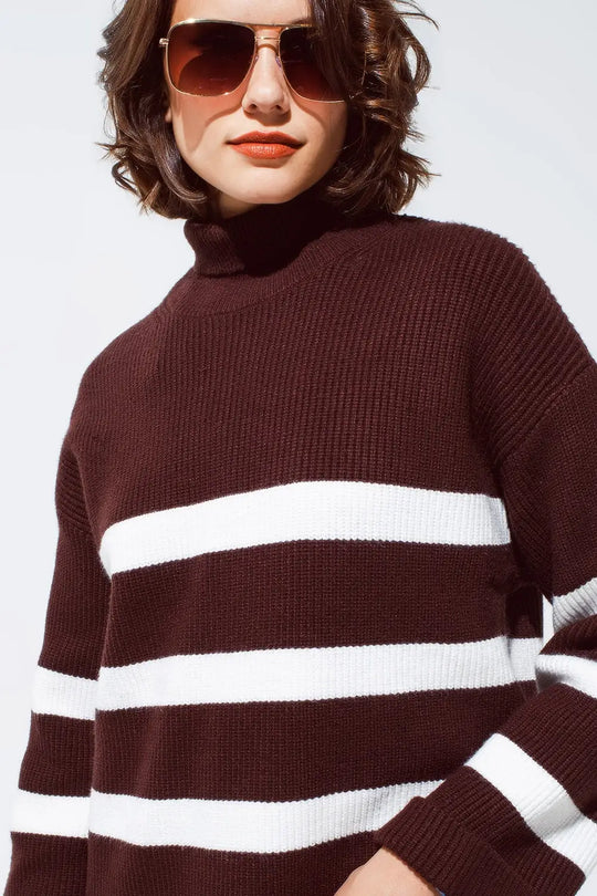 Chocolate Brown turtle neck sweater with white stripes - Sweaters