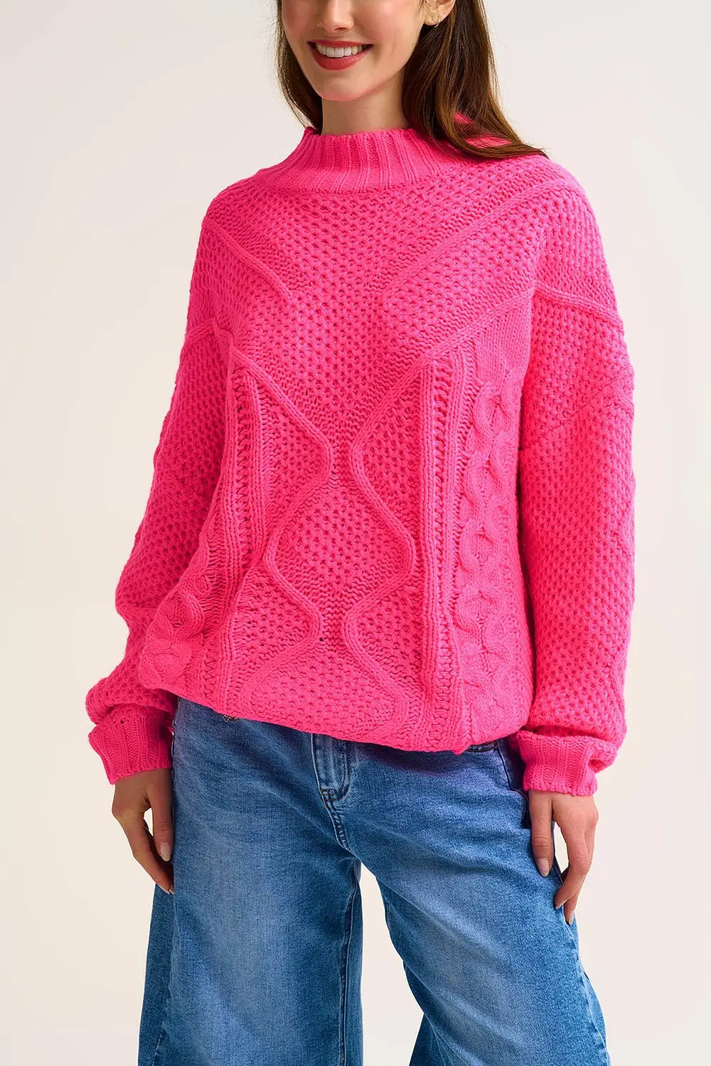 Q2 Chunky Cable Knit fucshia Pullover with Dropped Shoulder