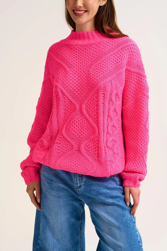 Q2 Chunky Cable Knit fucshia Pullover with Dropped Shoulder