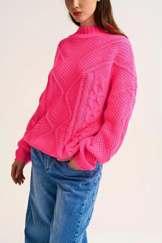 Chunky Cable Knit fucshia Pullover with Dropped Shoulder - One Size / Fuchsia - Sweaters