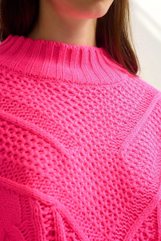 Chunky Cable Knit fucshia Pullover with Dropped Shoulder - One Size / Fuchsia - Sweaters