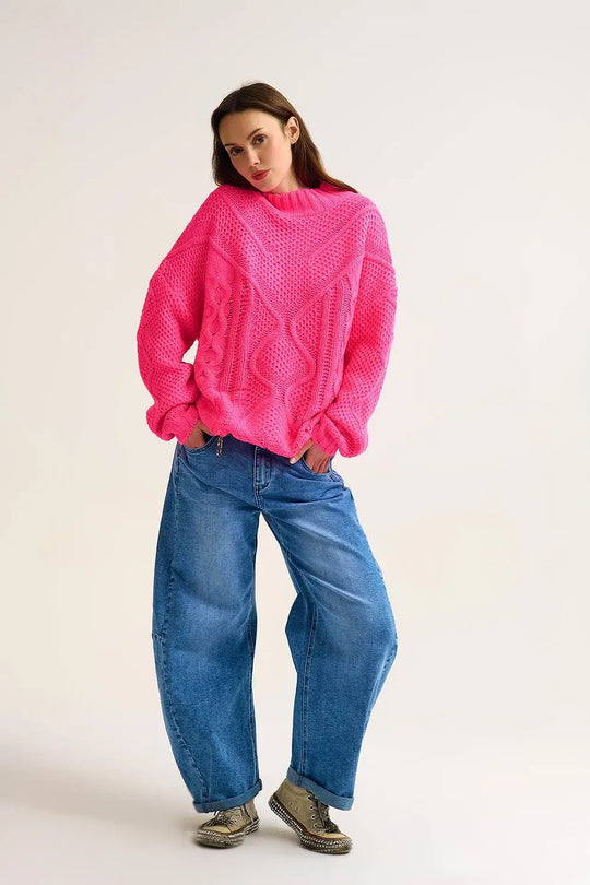Chunky Cable Knit fucshia Pullover with Dropped Shoulder - One Size / Fuchsia - Sweaters